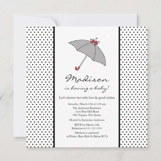 Black & White Polka Dots Umbrella Baby Shower Invitation (Front)