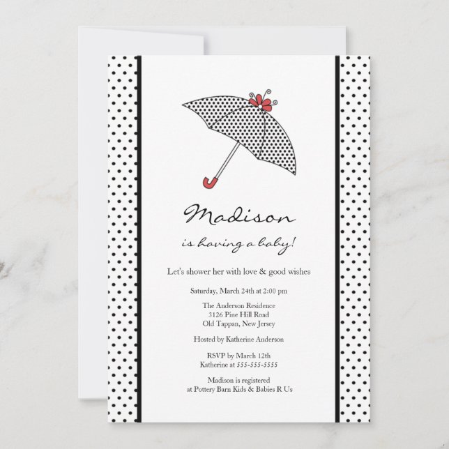 Black & White Polka Dots Umbrella Baby Shower Invitation (Front)