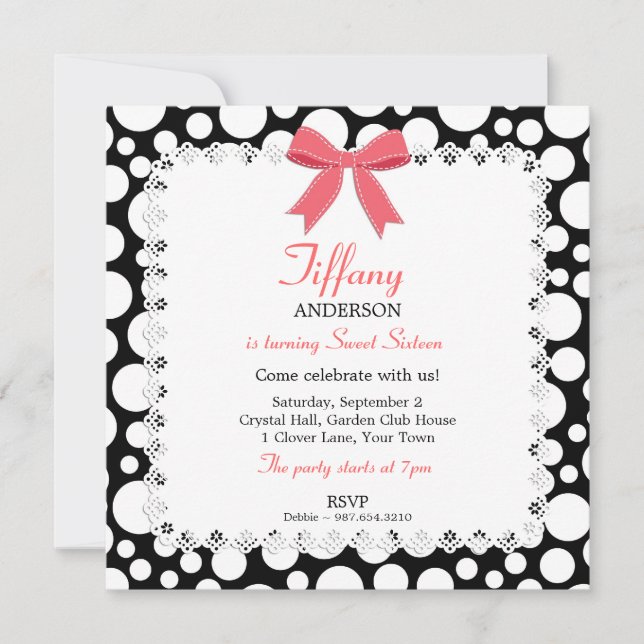 Black & White Polka Dots w/ Lace Sweet 16 Birthday Invitation (Front)