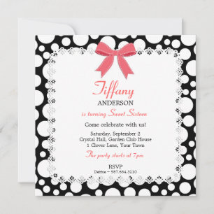 Black & White Polka Dots w/ Lace Sweet 16 Birthday Invitation