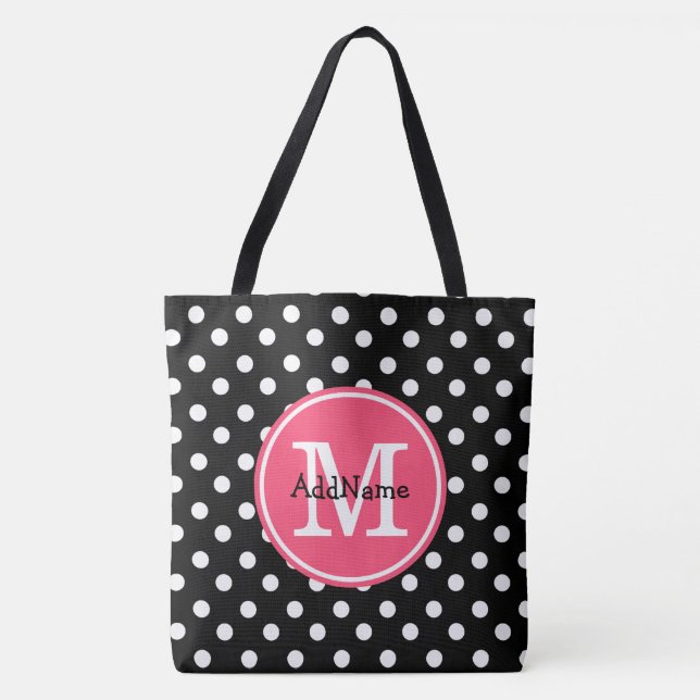 Black & White Polka Dots with Pink Monogram Tote Bag (Front)