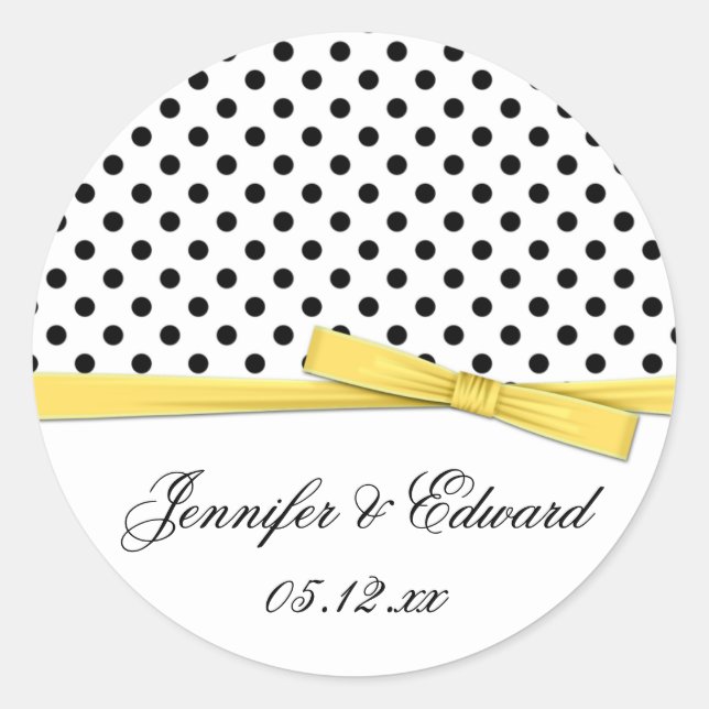 Black White Polka Dots Yellow Save The Date Classic Round Sticker (Front)