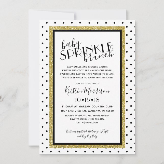 Black White Polkadot Gold Baby Sprinkle Invitation (Front)