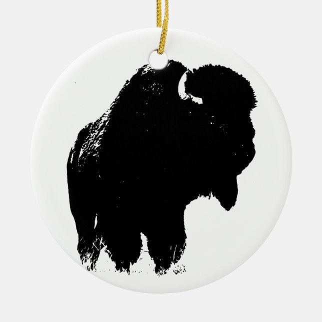 Black & White Pop Art Bison Buffalo Ceramic Tree Decoration (Front)