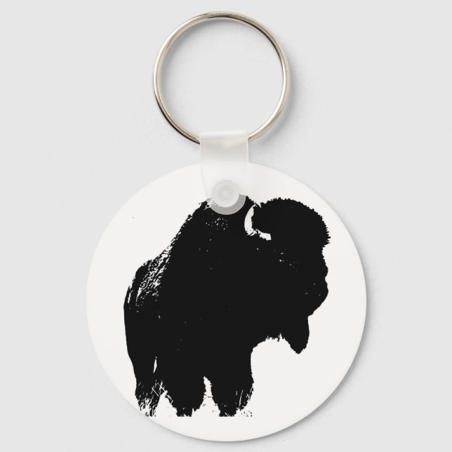 Black & White Pop Art Bison Buffalo Key Ring (Front)