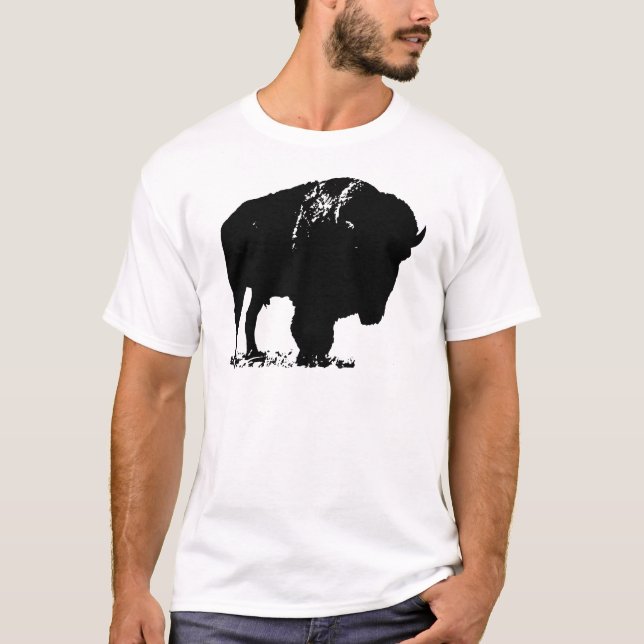 Black & White Pop Art Bison Buffalo T-Shirt (Front)