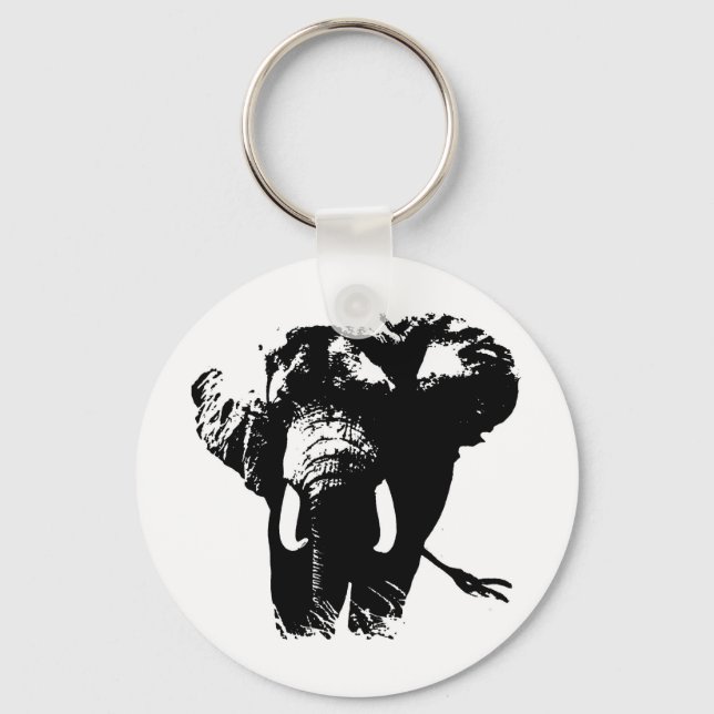 Black & White Pop Art Elephant Key Ring (Front)