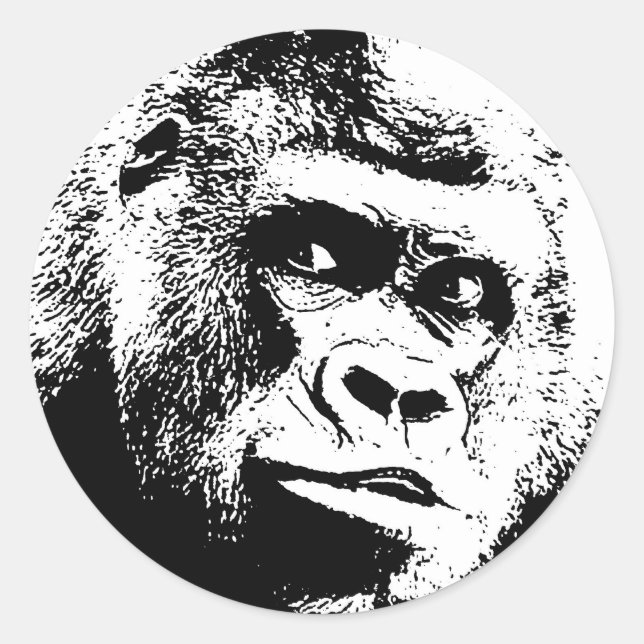 Black White Pop Art Gorilla Classic Round Sticker (Front)