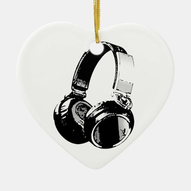 Black & White Pop Art Headphone Ceramic Tree Decoration (Front)