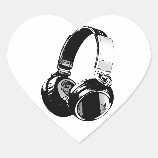 Black & White Pop Art Headphone Heart Sticker (Front)