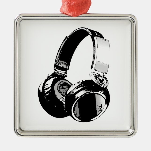 Black & White Pop Art Headphone Metal Tree Decoration (Front)