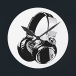 Black & White Pop Art Headphone Round Clock<br><div class="desc">Hip Hop,  R&B,  Rock,  Heavy Metal,  Techno,  Punk,  Rap,  Classic,  African American,  Jazz... . We love music,  we love listening cds,  radio. Enjoying watching video clibs,  mixes,  remixes,  covers.</div>