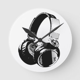 Black & White Pop Art Headphone Round Clock