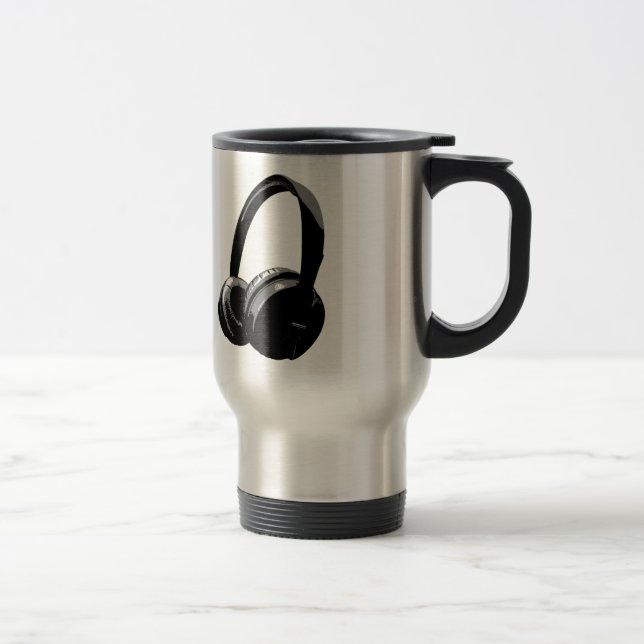 Black & White Pop Art Headphone Travel Mug (Right)