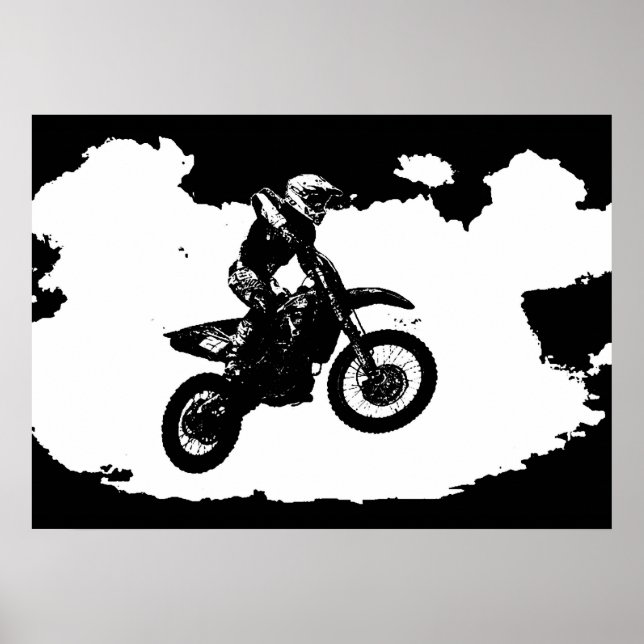 Black White Pop Art Motocross Motorcyle Sport Poster (Front)