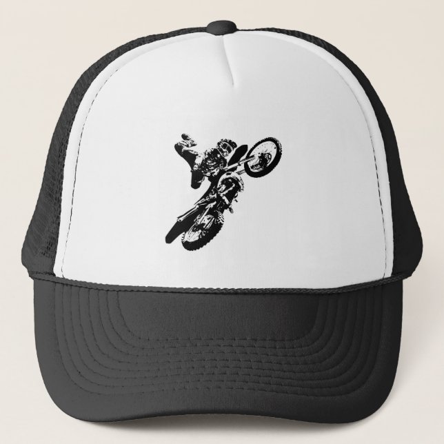 Black White Pop Art Motocross Motorcyle Sport Trucker Hat (Front)