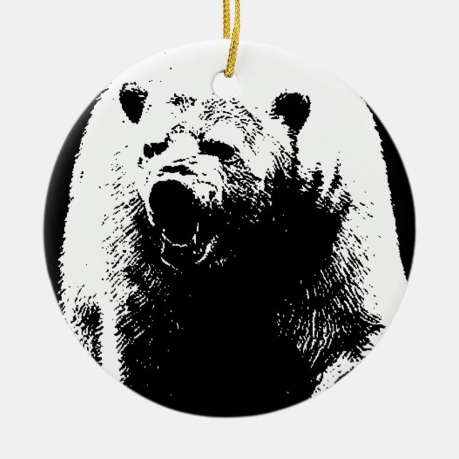 Black & White Pop Art Polar Bear Ceramic Tree Decoration (Front)