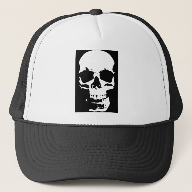 Black & White Pop Art Skull Stylish Cool Trucker Hat (Front)