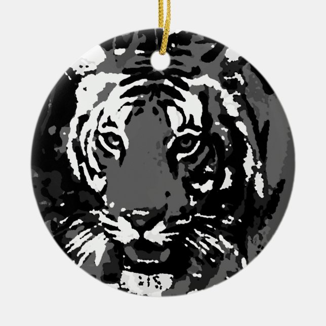 Black White Pop Art Tiger Ceramic Tree Decoration (Front)