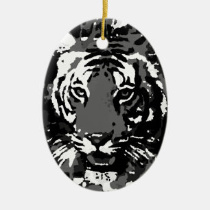 Black White Pop Art Tiger Ceramic Tree Decoration