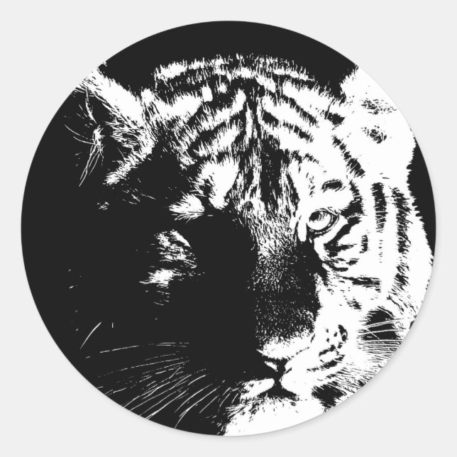 Black & White Pop Art Tiger Classic Round Sticker (Front)