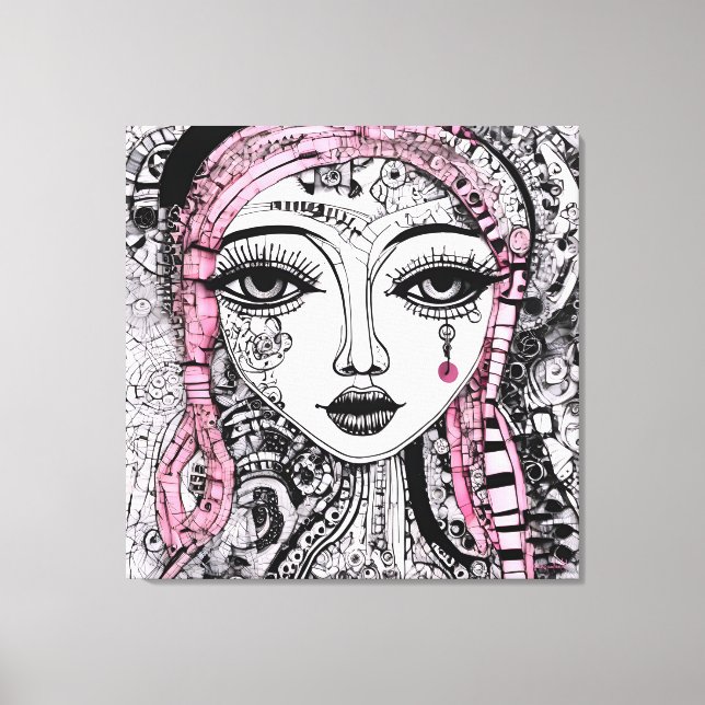 BLACK WHITE PORTRAIT EDGY DETAILED LINE DRAWING  CANVAS PRINT (Front)