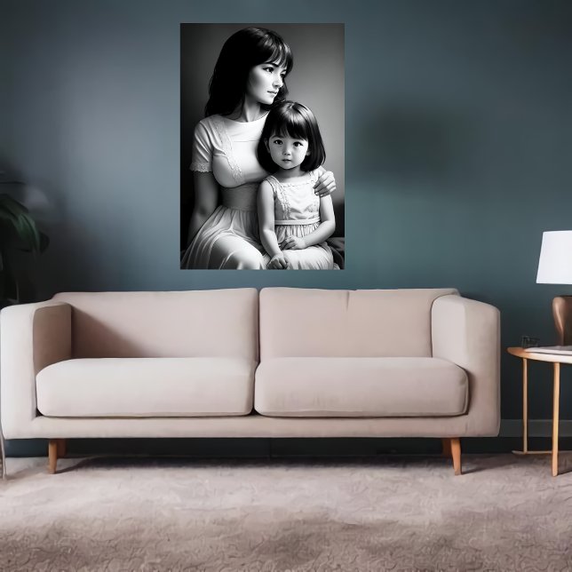 Black White portrait Mother and daughter | AI Art Poster (Creator Uploaded)