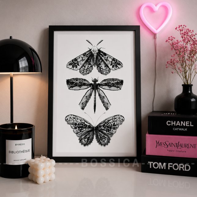 Black & White Poster Butterfly Dragonfly & Moth (Vintage Insect Gallery Wall Art Poster | Black & White Butterfly, Dragonfly & Moth Print )
