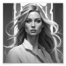 Black & white poster with a female portrait 