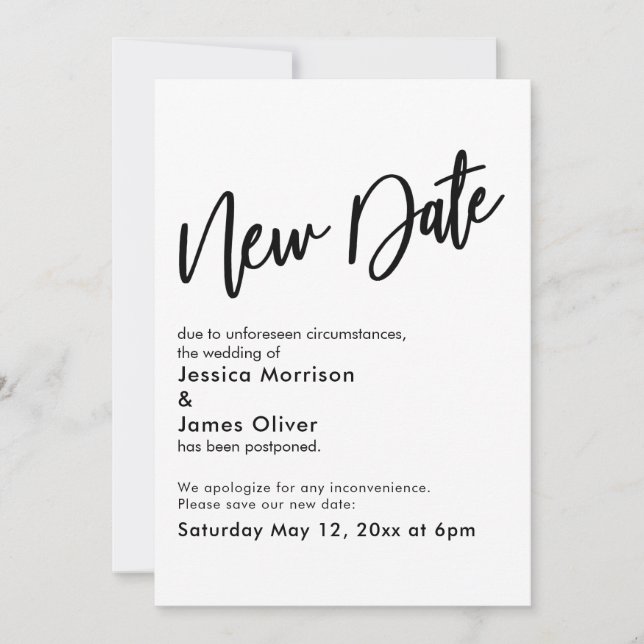 Black White Postponed Wedding New Date Update Card (Front)