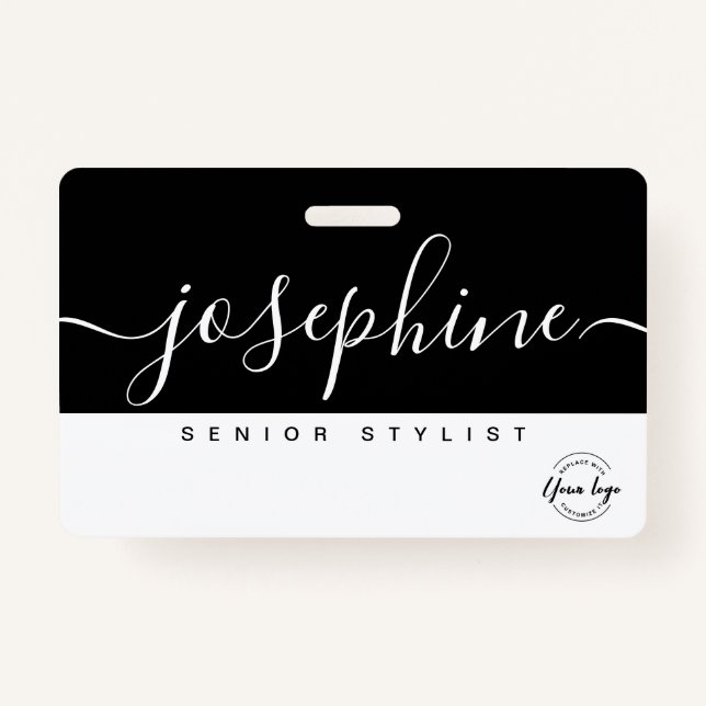 Black White Pretty Script Name Personalised  ID Badge (Front)