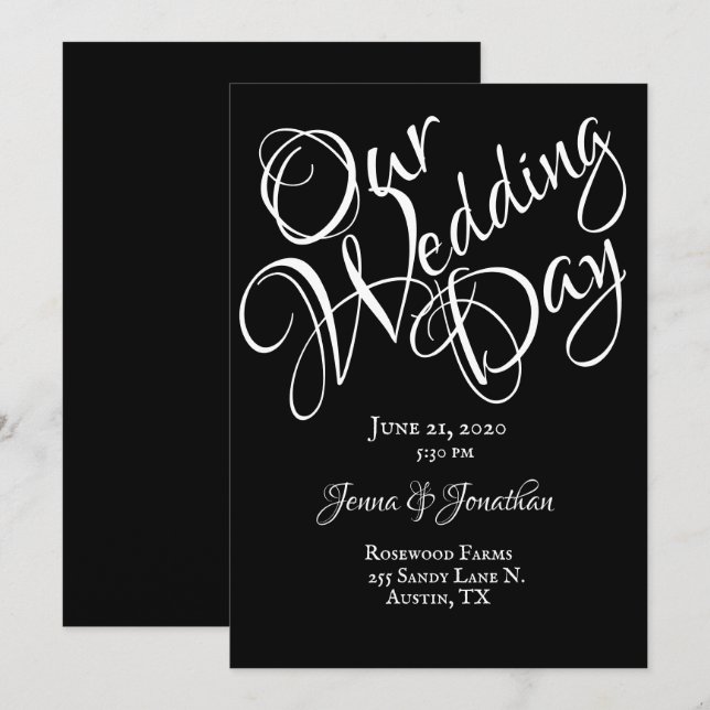 Black & White Pretty Script Wedding Invitation (Front/Back)