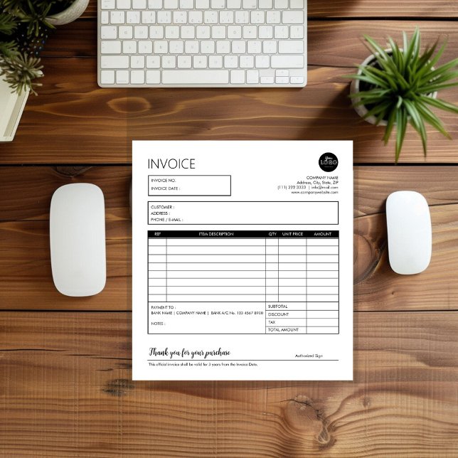 Black White Professional Business Invoice Template Notepad (Black White Professional Business Invoice Template Notepad desk top mock up)