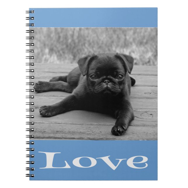 Black & White Pug Puppy Dog Blue Love Notebook (Front)