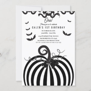 Black & White Pumpkin Halloween 1st Birthday Invitation