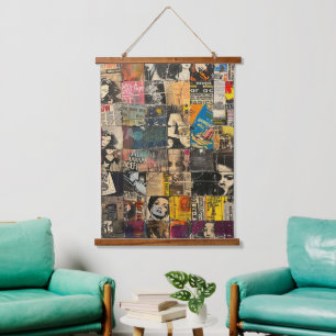 Black White Punk Rock Comic Collage Grid Hanging Tapestry