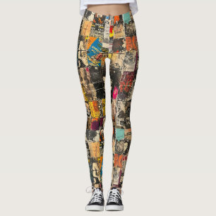 Black White Punk Rock Comic Collage Grid Leggings