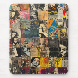 Black White Punk Rock Comic Collage Grid Mouse Mat