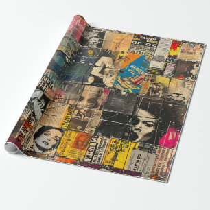 Black White Punk Rock Comic Collage Grid Wrapping Paper
