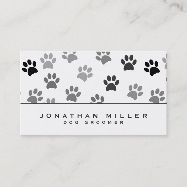 Black & White Puppy Dog Paw Prints | Dog Groomer Business Card (Front)
