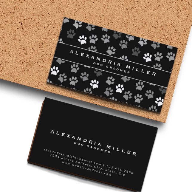 Black & White Puppy Dog Paw Prints | Pet Groomer Business Card (Creator Uploaded)