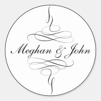 Black White Pure Elegant Basic Calligraphy Wedding Classic Round Sticker