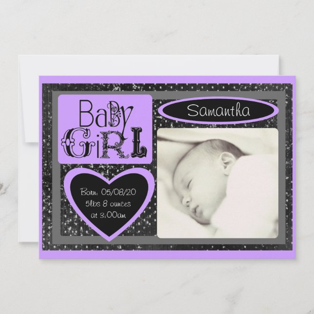 Black white purple custom baby photo announcements (Front)