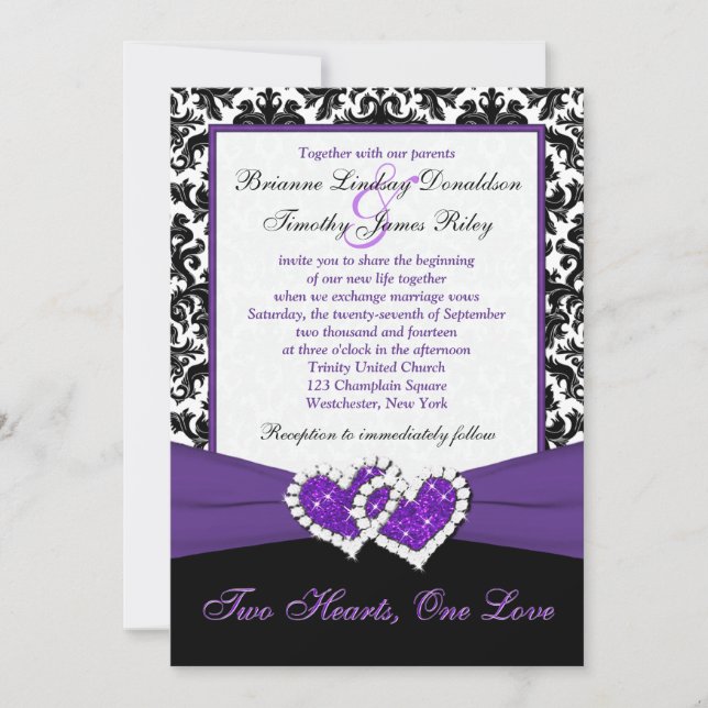 Black White Purple Damask Hearts Wedding Invite (Front)