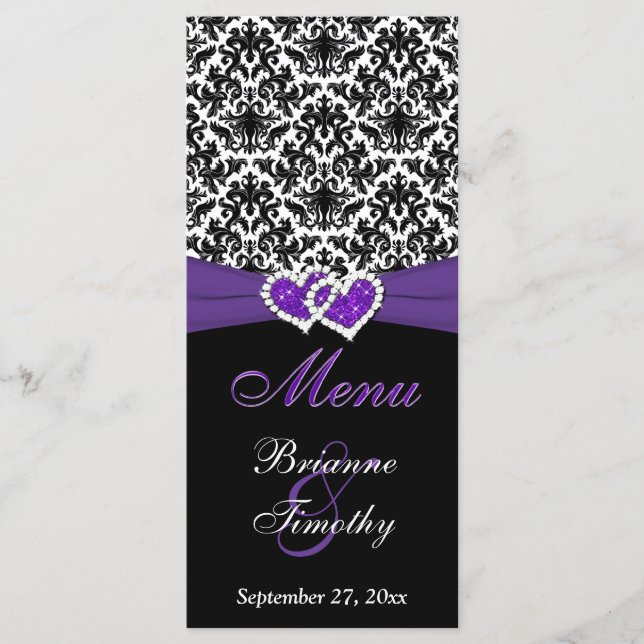 Black, White, Purple Damask, Hearts Wedding Menu (Front)