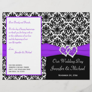 Black White Purple Damask Hearts Wedding Program