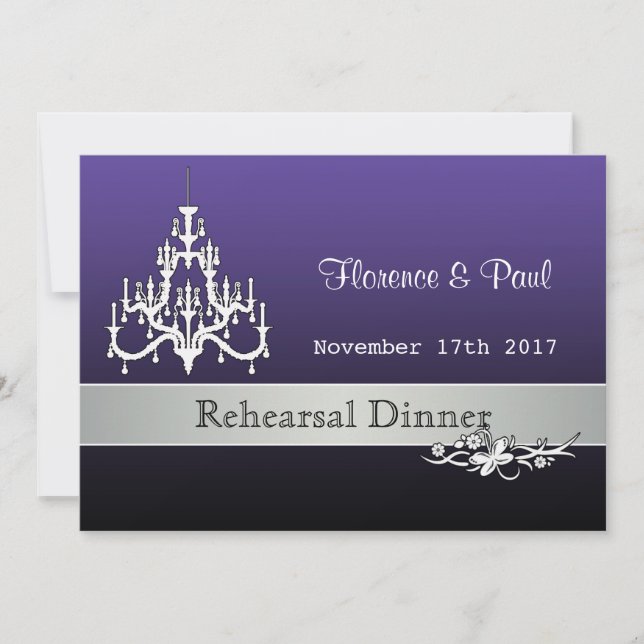 Black, white, purple floral Chandelier Rehearsal Invitation (Front)