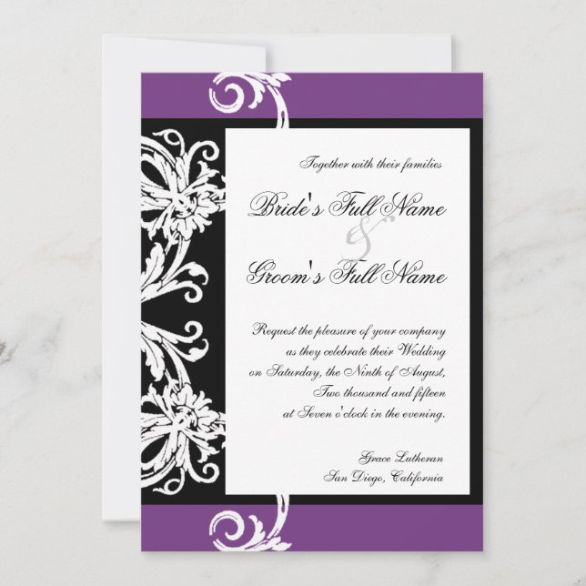 Black White Purple Heart Damask Wedding Invitation (Front)