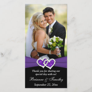 Black White Purple Joined Hearts Wedding Photocard Thank You Card