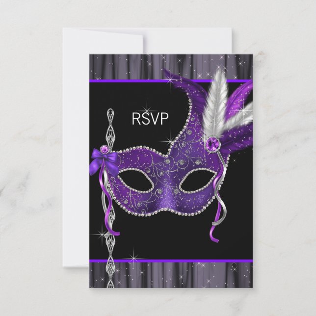 Black White Purple Masquerade Party RSVP Card (Front)